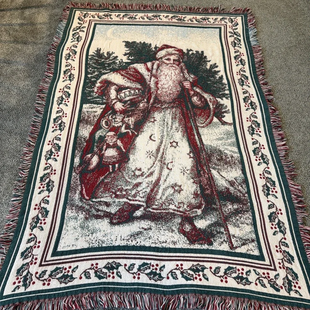 Santa Claus Tapestry Throw Blanket With Fringe Edges 67
